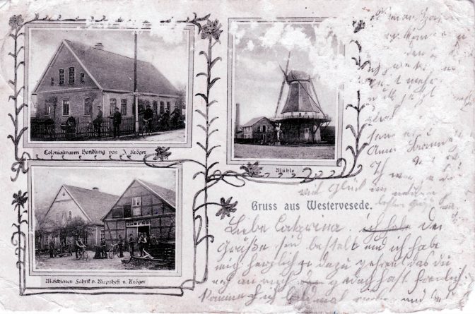 Kolonialwarenhandlung J. Kröger (später Bischoff) / die Mühle / Maschinenfabrik Riepshoff & Krög